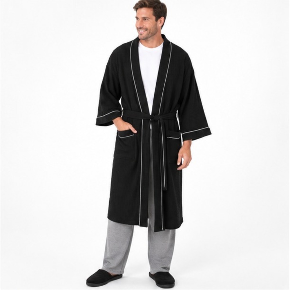 Fruit of the Loom Mens Waffle Robe One Size Black Kimono Lightweight Pockets